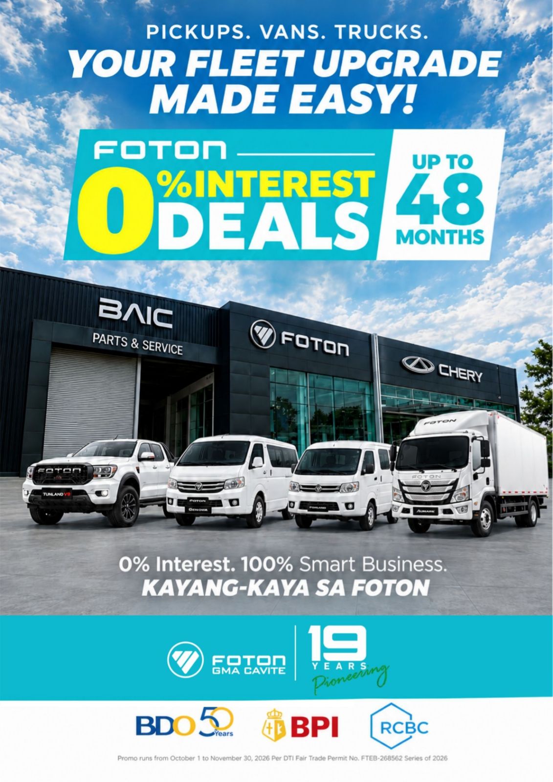 Foton 0% interest deals up to 48 months for pickups, vans, and trucks. Promo runs October 1 to November 30, 2026.