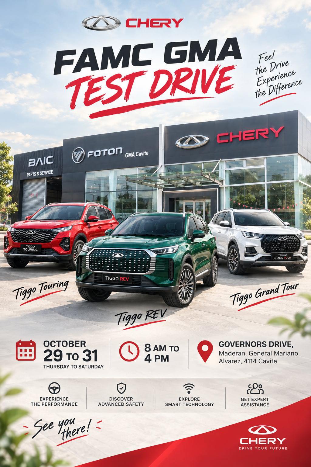 FAMC GMA Chery test drive on October 29 to 31, 8 AM to 4 PM, at Governors Drive, General Mariano Alvarez, Cavite.